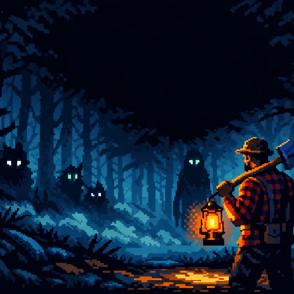 Pixel-Art-Szene des Dunkelwalds mit düsteren Bäumen, Nebel und leuchtenden Waldgeister-Augen