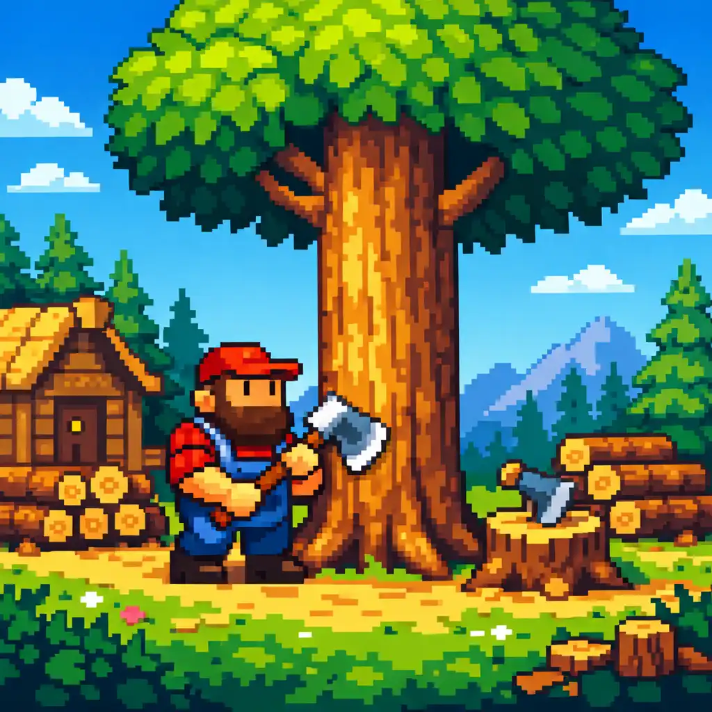Pixel-Art-Szene aus Idle Timberman: Ein Holzfäller mit Axt steht vor einem großen Baum in einem hellen Wald.