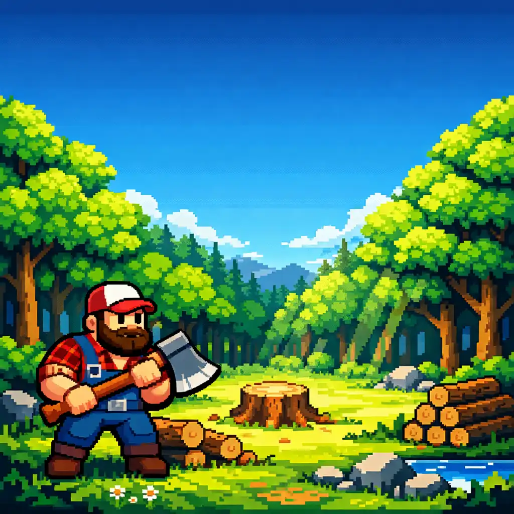 Pixel-Art-Szene eines neuen Waldgebiets in Idle Timberman mit Holzfäller und dichten Bäumen