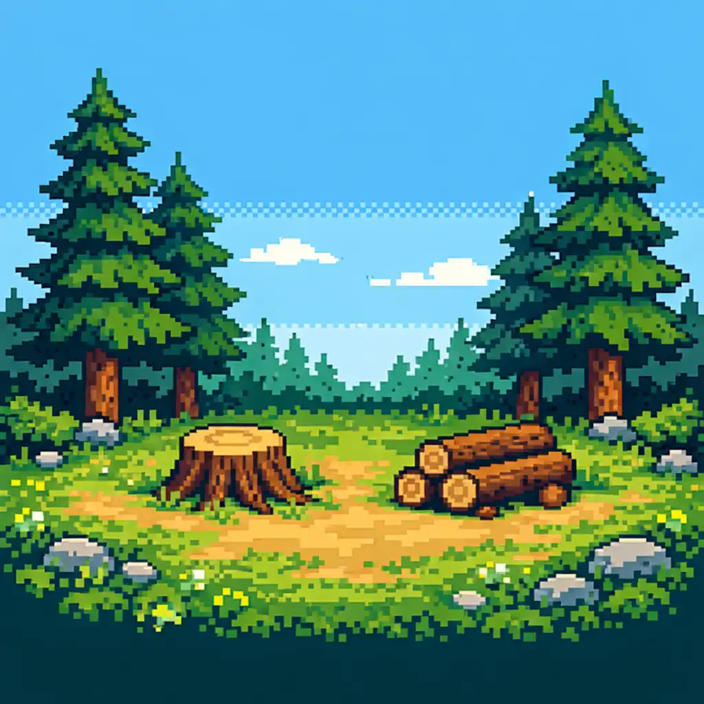 Pixel-Art einer ruhigen Waldlichtung mit Baumstumpf und gestapelten Holzstämmen