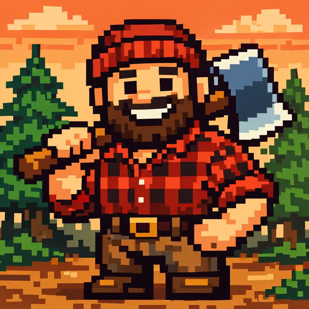 Pixel-Art eines lächelnden Holzfällers mit einer Axt über der Schulter vor einem Wald